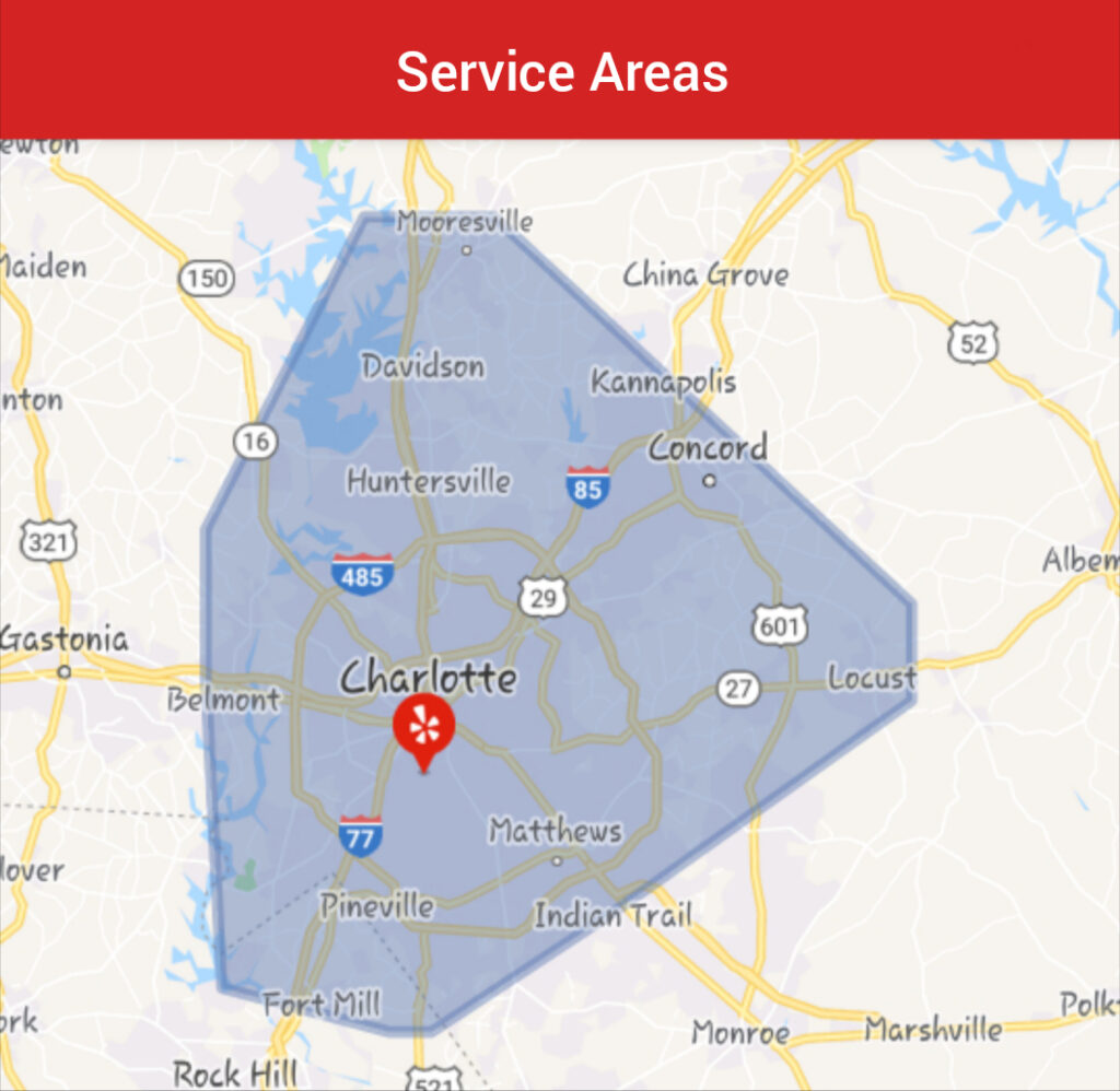 Map of Rideout Plumbing service area across the Charlotte metro